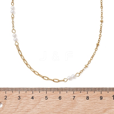 304 Stainless Steel with White Round Shell Pearl Handmade Link Chain Necklaces NJEW-JN05990-1