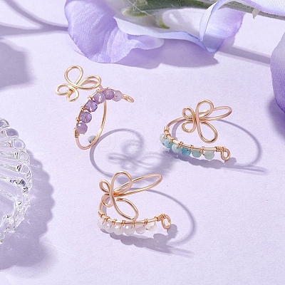 3Pcs 3 Style Light Gold Brass Wire Wrap Butterfly Open Cuff Rings RJEW-JR00655-1