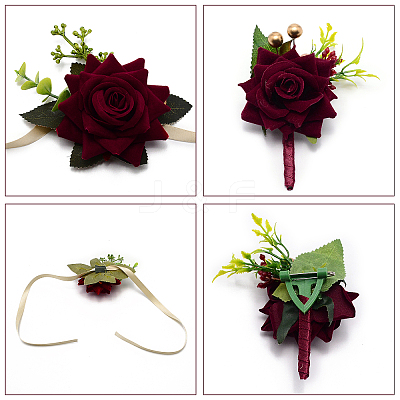 2Pcs 2 Style Rose Flower Silk Wrist and Flower Silk Brooch Sets AJEW-CP0004-58-1