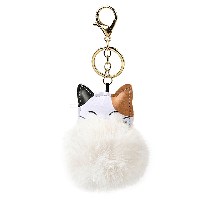 Imitation Rex Rabbit Fur Ball & PU Leather Cat Pendant Keychain X1-KEYC-K018-05KCG-01-1