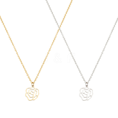 2Pcs 2 Colors 304 Stainless Steel Hollow Rose Pendant Necklaces Set for Women NJEW-AN0001-87-1