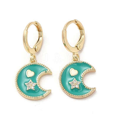 Moon & Star Golden Brass Dangle Leverback Earrings EJEW-L268-029G-03-1