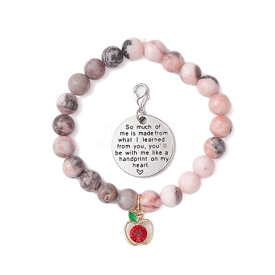 Natural Pink Zebra Jasper Beads & Apple Charms Bracelets & 304 Stainless Steel Flat Round Pendants Set SJEW-JS01307-02-1