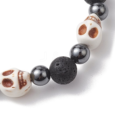 2Pcs Halloween Skull Synthetic Turquoise & Round Lava Rock & Synthetic Non-Magnetic Hematite Beaded Stretch Bracelet Sets for Women BJEW-JB10656-1