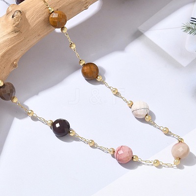 Natural Crazy Agate Faceted Flat Round Beaded Chain Necklaces with Matte Brass Beads GG-CBA37F5-01G-09-1