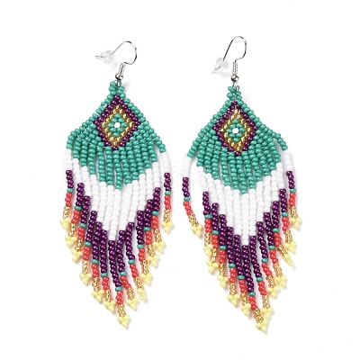 Glass Seed Braided Rhombus with Tassel Chandelier Earrings EJEW-H084-05P-1