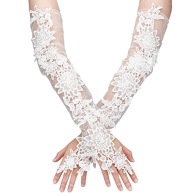 Flower Pattern Polyester Lace Cuff Mesh Long Fingerless Gloves AJEW-WH0455-019-1