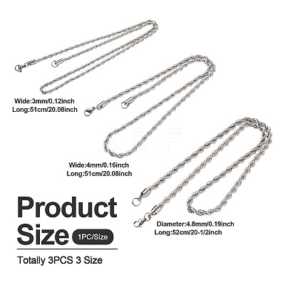 3Pcs 3 Size 304 Stainless Steel Twist Rope Chains Necklaces Set for Men Women STAS-TA0004-82-1