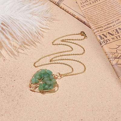 Natural Green Aventurine Chips Heart with Tree of Life Pendant Necklace NJEW-JN03906-02-1