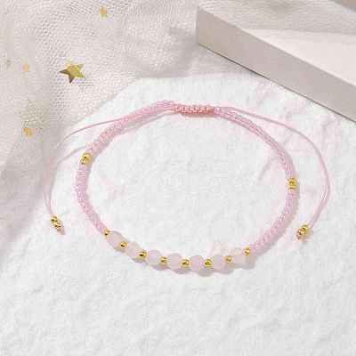Adjustable Natural Rose Quartz & Seed Braided Bead Bracelets BJEW-JB10181-05-1