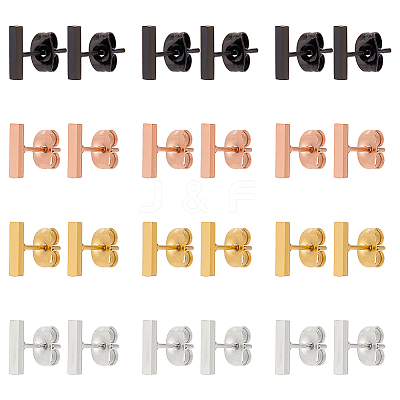 12 Pairs 4 Colors Fashionable 304 Stanless Steel Rectangle Bar Stud Earrings for Men Woman EJEW-AN0003-67-1