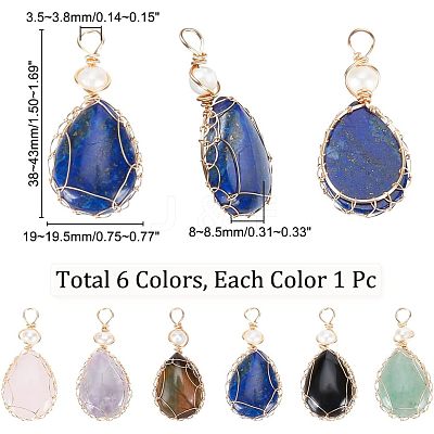 6Pcs 6 Styles Natural Gemstone Copper Wire Wrapped Pendants G-NB0003-75-1