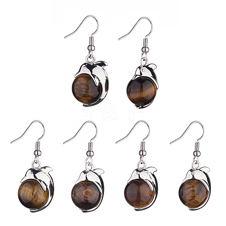 Natural Tiger Eye Dolphin Dangle Earrings with Crystal Rhinestone EJEW-A092-20P-17-1