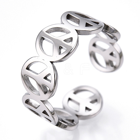 Non-Tarnish 304 Stainless Steel Peace Sign Open Cuff Ring for Women RJEW-T027-08P-1