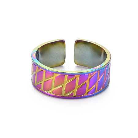 Rainbow Color 304 Stainless Steel Grooved Wide Band Open Cuff Ring for Women RJEW-N038-046M-1