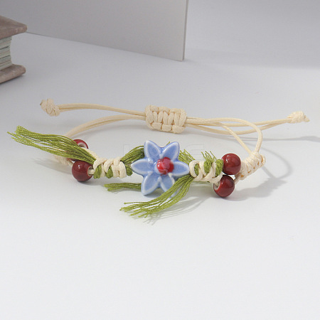 Adjustable Handmade Porcelain Flower Polyester Cord Braided Bead Bracelets for Women WG32CA4-02-1