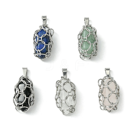5Pcs 5 Style Natural Mixed Stone Double Terminal Pointed Pendants PALLOY-JF02496-01S-1