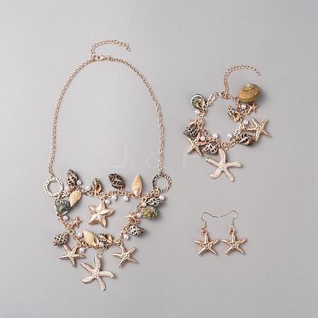 Iron Starfish & Natural Shell & Plastic Pearl Charm Bracelet & Dangle Earrings & Bib Necklaces Set SJEW-WH0011-02RG-1