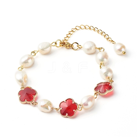 Plum Blossom Flower Glass Link Bracelet for Girl Women BJEW-TA00017-02-1