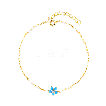 925 Sterling Silver Cubic Zirconia & Synthetic Turquoise Flower Link Bracelets XT0862-3-1