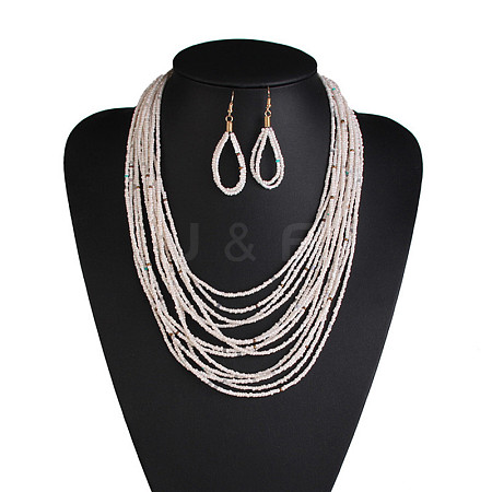 Bohemian Style Glass Seed Beaded Multilayer Necklaces & Teardrop Dangle Earrings Sets WG1B7AB-02-1