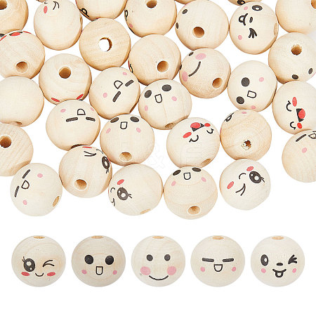 Globleland 60Pcs 6 Styles Unfinished Natural Wood Printed Beads WOOD-GL0001-13A-1