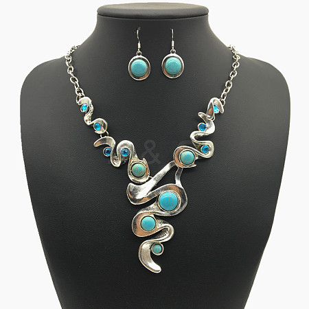 Bohemia Style Alloy with Synthetic Turquoise Wave Pendant Necklaces & Flat Round Dangle Earrings Sets for Women FS-WGC7E0A-01-1