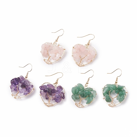 Natural Gemstone Chips Braided Heart with Tree of Life Dangle Earrings EJEW-JE04882-1