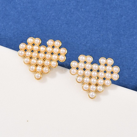 Brass ABS Plastic Pearl Heart Stud Earrings EJEW-L275-14G-03-1