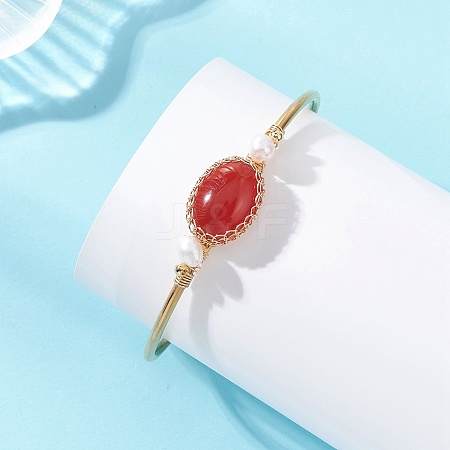 Wire Wrapped Natural Agate Cuff Bangles BJEW-TA00742-02-1