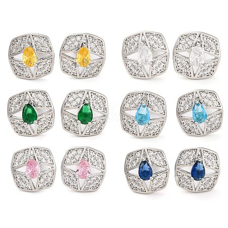 Brass Pave Cubic Zirconia Square Stud Earrings for Women EJEW-I304-27P-1