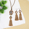 Bohemian Alloy & Wood & Cotton Cord Tassel Pendant Necklaces & Dangle Earrings Sets WGBB680-02-2