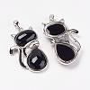 Natural Black Agate Kitten Pendants G-G713-B05-2