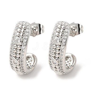 Brass Micro Pave Clear Cubic Zirconia J-Shaped Stud Earrings EJEW-B153-18P-1