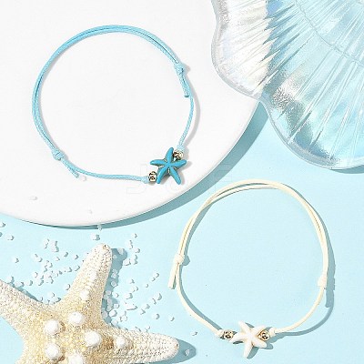 2Pcs 2 Colors Ocean Dyed Synthetic Turquoise Starfish Beaded Adjustable Waxed Polyester Cord Bracelets for Women BJEW-JB14242-1