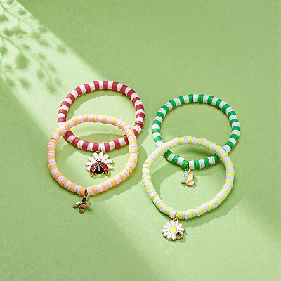 4Pcs 4 Styles Insect Theme Alloy Enamel Stretch Charm Bracelets BJEW-JB08763-1