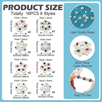 16Pcs 8 Styles Brass Micro Pave Cubic Zirconia Bead Caps ZIRC-TA0001-23S-1
