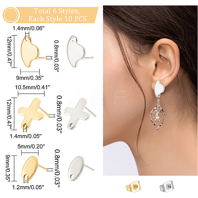 60Pcs 6 Style 304 Stainless Steel Stud Earring Findings STAS-DC0010-19-1