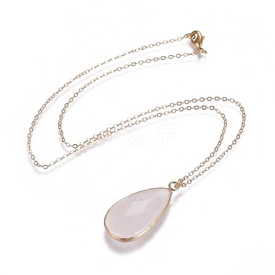 Teardrop Natural Rose Quartz Pendant Necklaces NJEW-JN02321-03-1