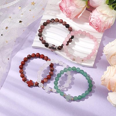 8mm Round & Cross Natural Mixed Gemstone Beaded Stretch Bracelets for Women BJEW-JB10930-1