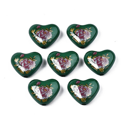 Flower Printed Opaque Acrylic Heart Beads SACR-S305-28-N04-1