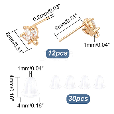 12Pcs Brass Micro Pave Clear Cubic Zirconia Stud Earring Findings KK-DC0001-28-1