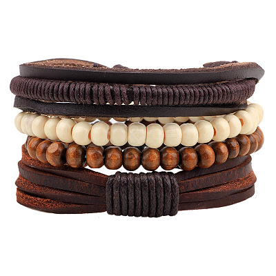 Adjustable Braided Leather Cord Wooden Beaded Multi-strand Bracelets BJEW-P0001-15-1