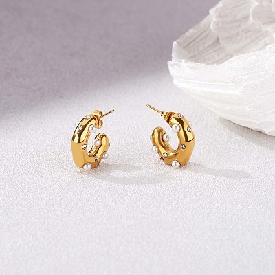 Shell Pearl C-shape Stud Earrings with Clear Cubic Zirconia JE948A-1