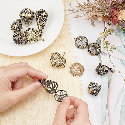 10Pcs 5 Styles Tibetan Style Brass Rack Plating Cage Pendants KK-SC0004-36-1