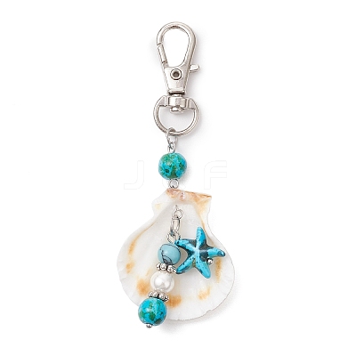 Natural Scallop Shell & Synthetic Turquoise Starfish Pendant Decorations HJEW-JM03641-01-1