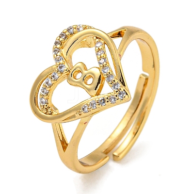 Heart with Letter Rack Plating Brass Micro Pave Clear Cubic Zirconia Adjustable Rings for Women RJEW-I105-01G-B-1