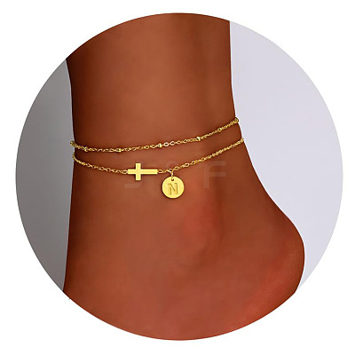 Brass Sideways Cross Link Anklets with Flat Round Initial Charms FS-WG12DAA-12-1