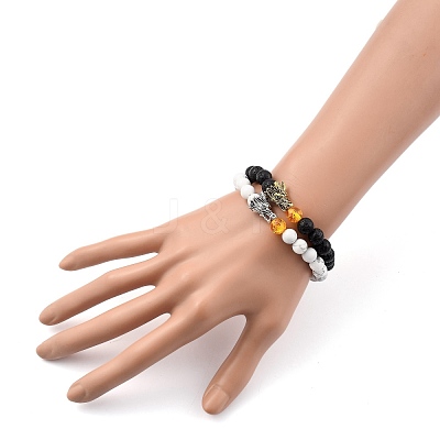Men's Natural Howlite & Lava Rock Stretch Beaded Bracelets Sets BJEW-JB05429-1
