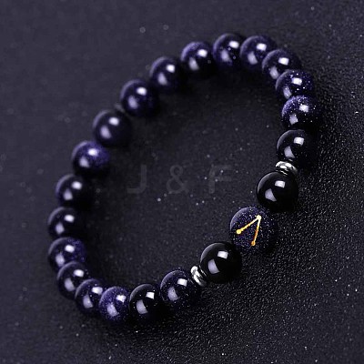 Sagittarius Round Synthetic Blue Goldstone & Natural Black Onyx(Dyed & Heated) Stretch Bracelets for Women Men EA3132-10-1